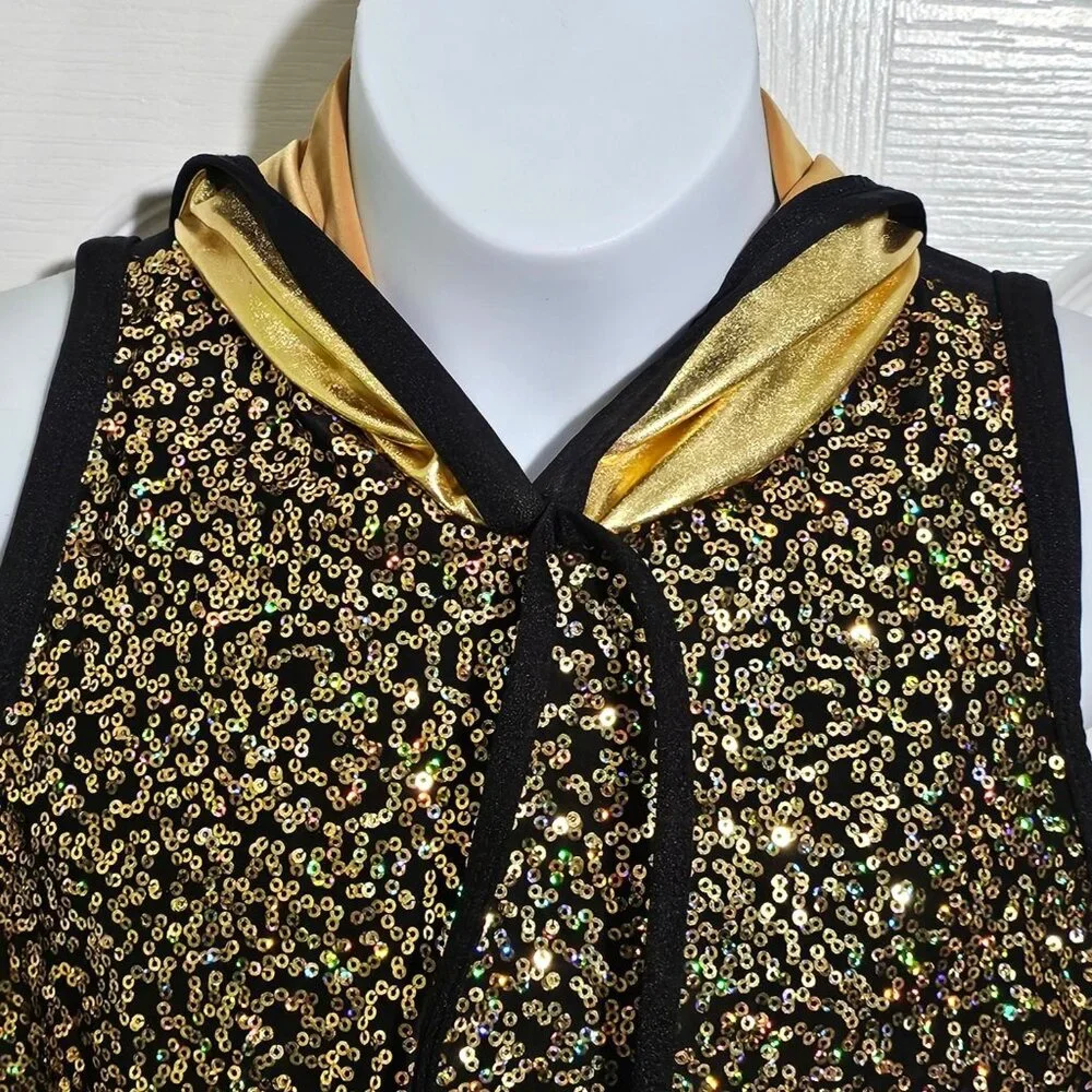 A Wish Come True Gold Sequin Sleeveless Dance Hoodie Jazz Hip Hop Performance LG